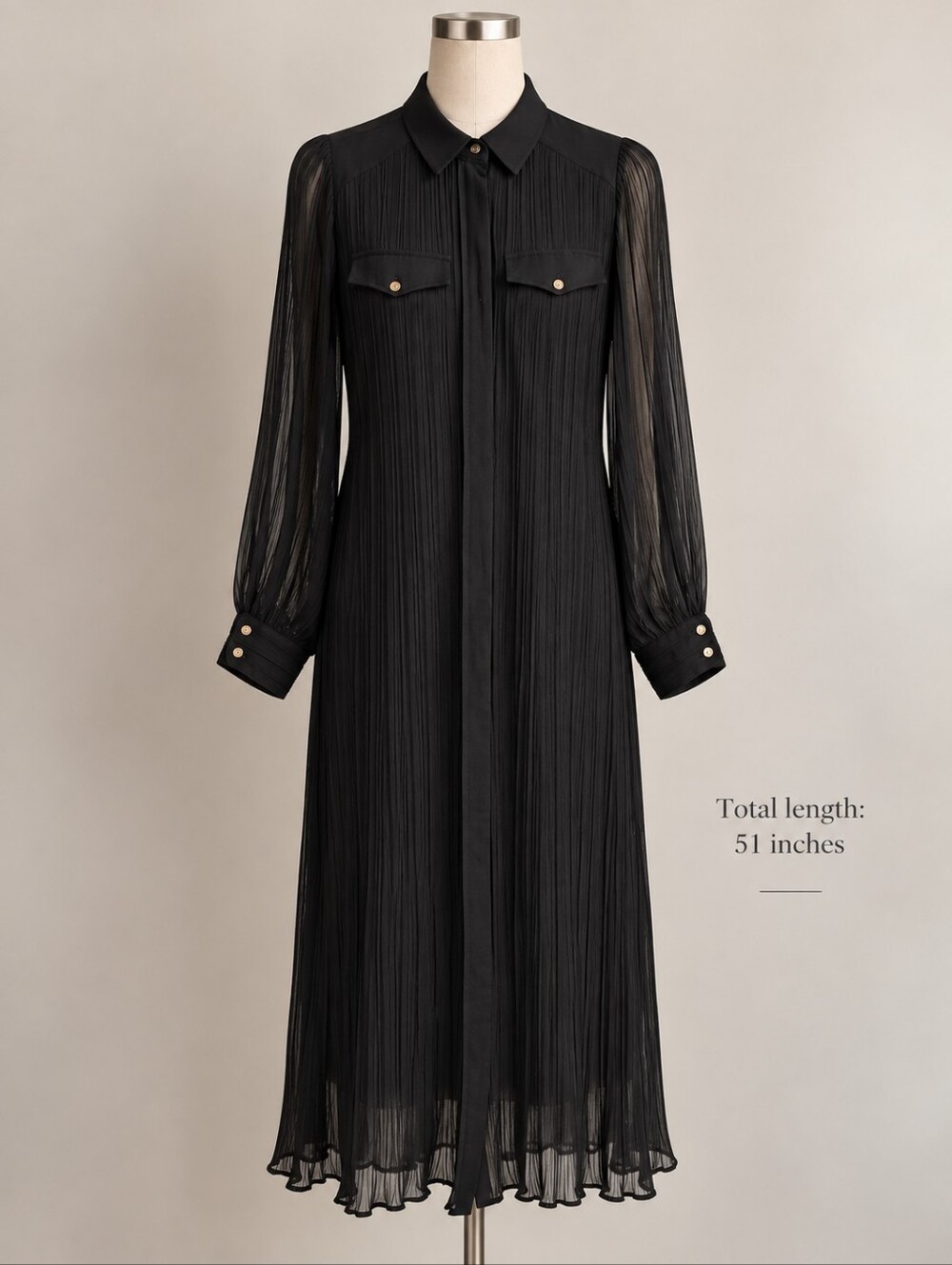 ZARA Black Pleated Sheer Long Sleeve Maxi Shirt Dress Size M